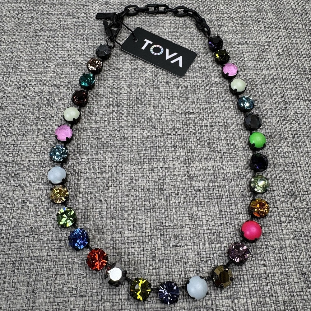TOVA Multicolor Crystal Riviera Necklace Black Matte 18 Inch New with Pouch